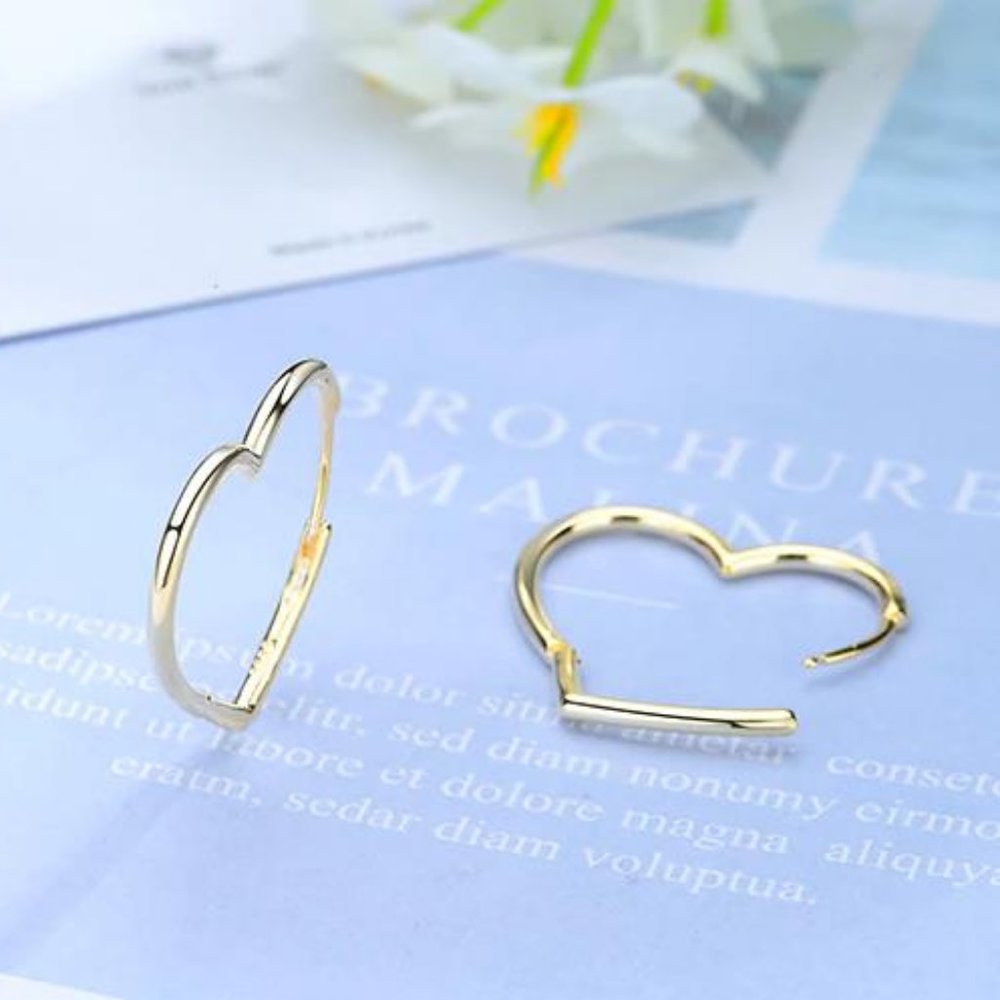 NEW Gold/925 Sterling Silver Heart Hoop Earrings - Picture 5 of 8